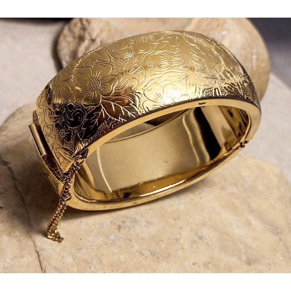 14k Gold Plated Embossed Hinged Bangle Bracelet Hallmarked 61g - Picture 10 of 10